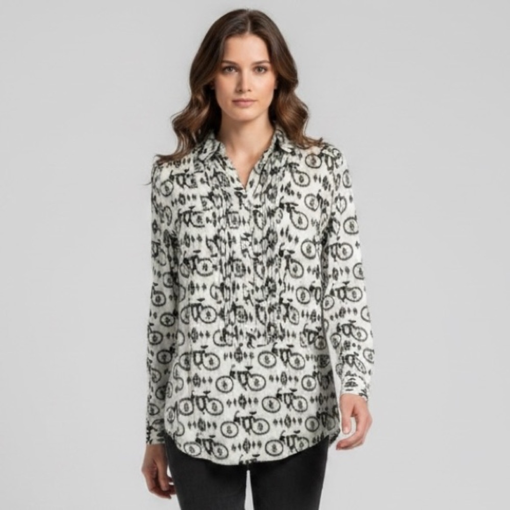 Anthropologie Maeve White Bicycle Print Long Sleeve Half Button Up Blouse 2